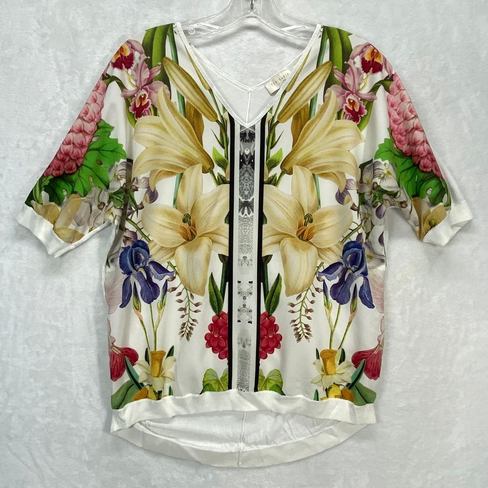 Ted Baker London Blouse Womens 0 Floral Print White Multi Botanical *Flaw